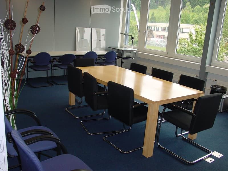 Conference room with a long wooden table surrounded by black and blue chairs, a mirror on the wall, and a decorative vase with dried branches.