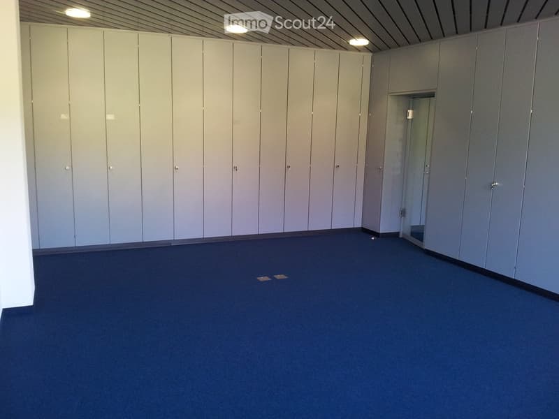 Empty room with blue carpeted floor, grey walls, and built-in storage units.