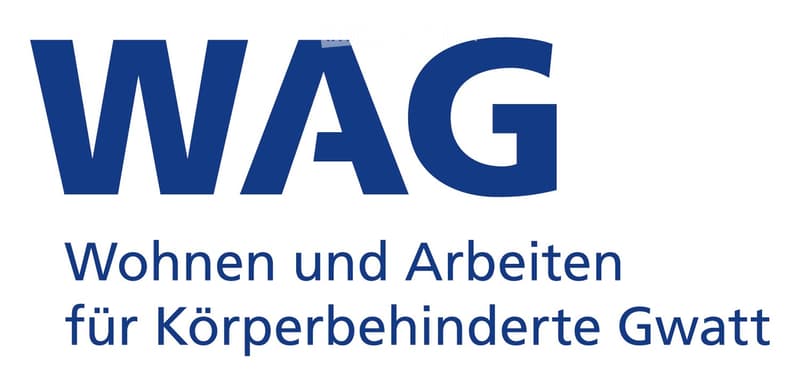 Logo and text for "WAG Wohnen und Arbeiten für Körperbehinderte Gwatt" displayed on a white background.