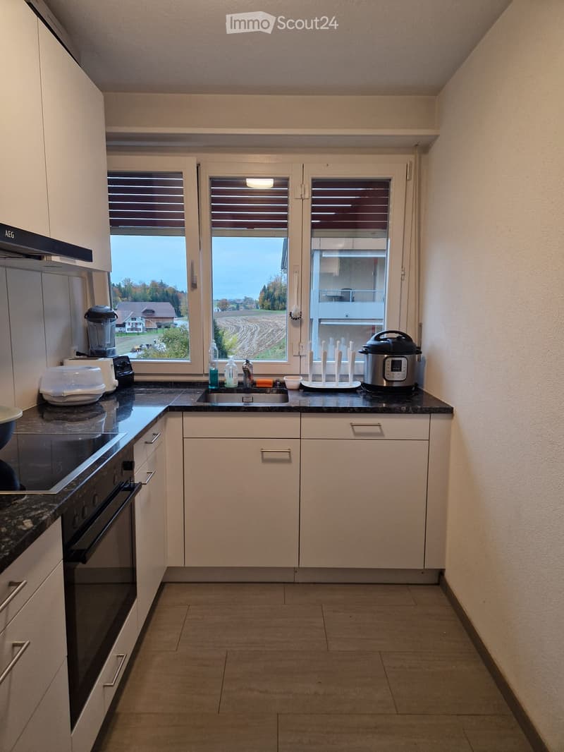 Modern kitchen with white cabinets, dark countertops, and a sink. Appliances include an oven, blender, and pressure cooker. Windows offer a view of the countryside.