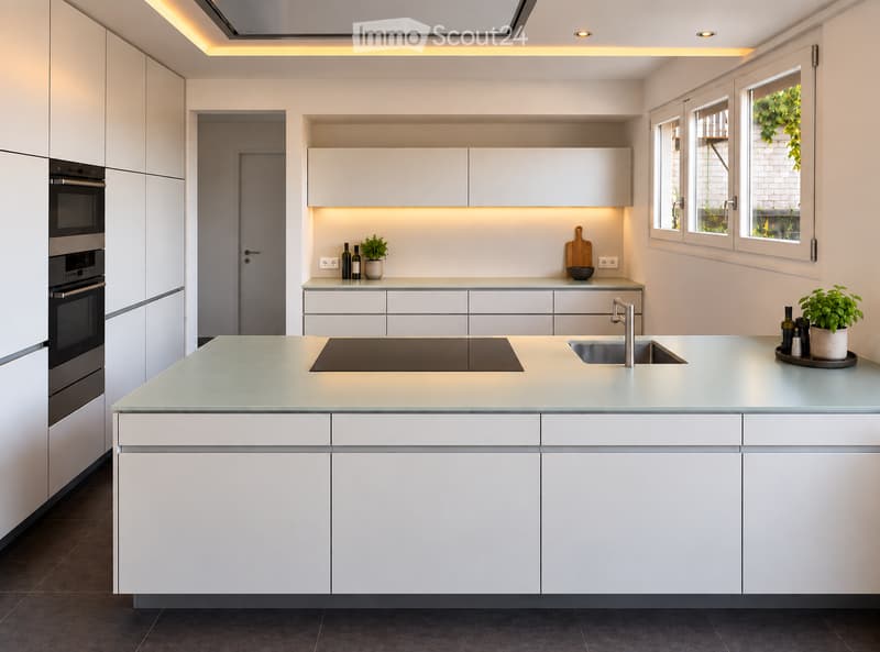 Modern kitchen with white cabinets, a central island, built-in oven, sink, and countertop. Features include recessed lighting, a window with a view, and decorative items on the counter.