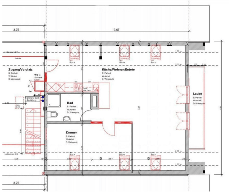 Floor plan showing a multi-room layout including a kitchen/living/entrance area, bathroom, bedroom, hallway, and balcony.