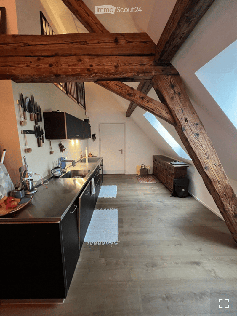 Modern kitchen with dark cabinets, stainless steel sink, and exposed wooden beams. Includes a knife rack, countertop items, and a small rug on the floor.