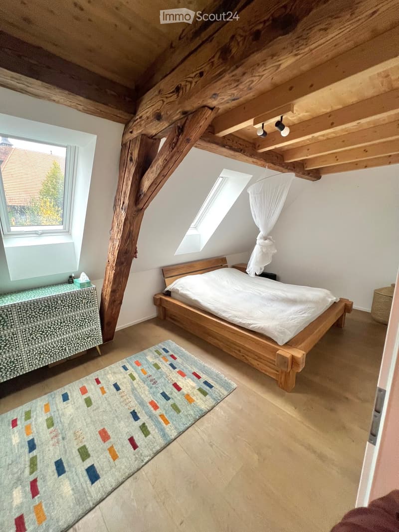 Cozy attic bedroom with wooden beams, skylight, bed, nightstand, colorful rug, and decorative cabinet.