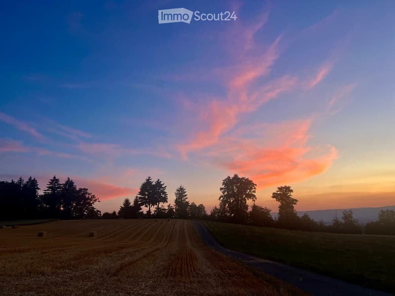 A serene rural landscape at sunset, featuring a harvested field with visible tire tracks, scattered hay bales, and a winding road leading into the distance, surrounded by trees and rolling hills under a colorful sky.