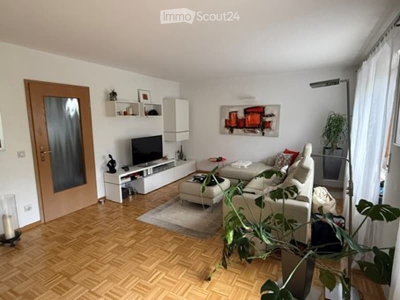 Bright living room with white walls, wooden flooring, a grey sectional sofa, coffee table, TV stand, floor lamp, and decorative plant.