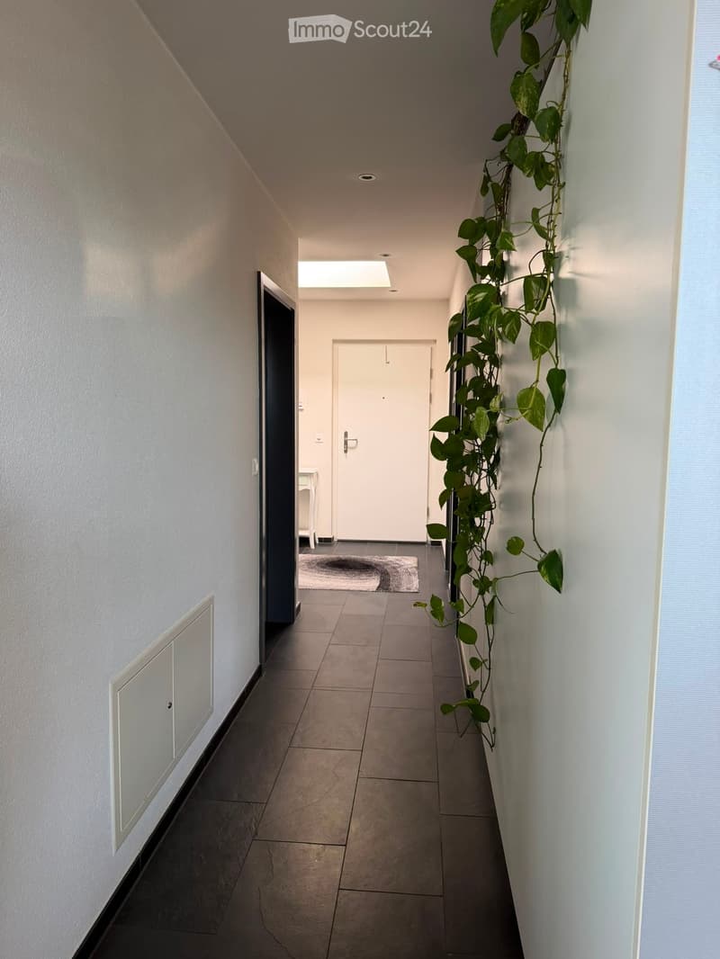 A modern hallway with white walls, tiled floor, and a potted plant on the right side. A door is visible at the end of the hallway.