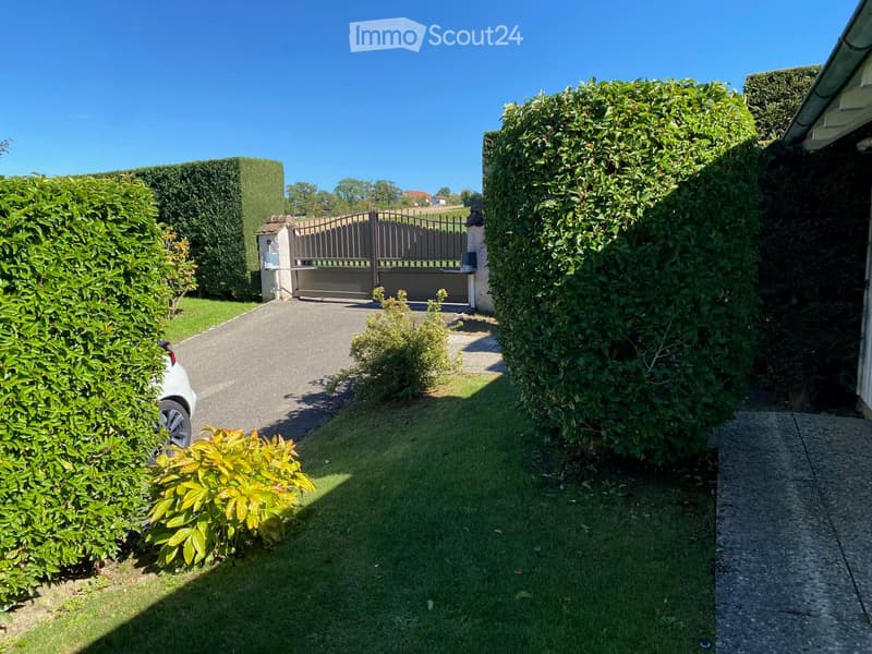 A well-maintained garden with trimmed hedges, a driveway leading to a gated entrance, and a white car partially visible on the left side.