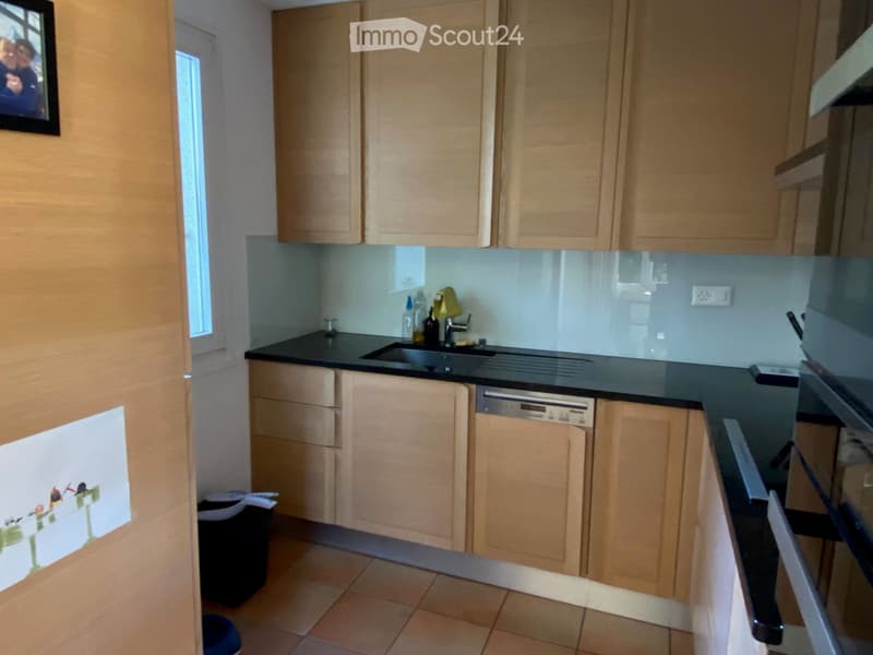 Modern kitchen with light wooden cabinets, black countertop, sink, and dishwasher. Features a window and various small items on the counter.