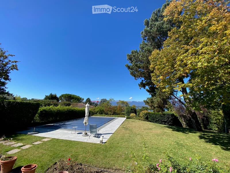 Well-maintained garden with a swimming pool, patio area, lounge chair, umbrella, small table, and surrounding trees and shrubs.