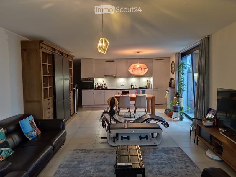 Open-plan living and dining area with a modern sofa, coffee table, dining table with chairs, kitchen area with cabinets and appliances, pendant lights, and decorative plants.