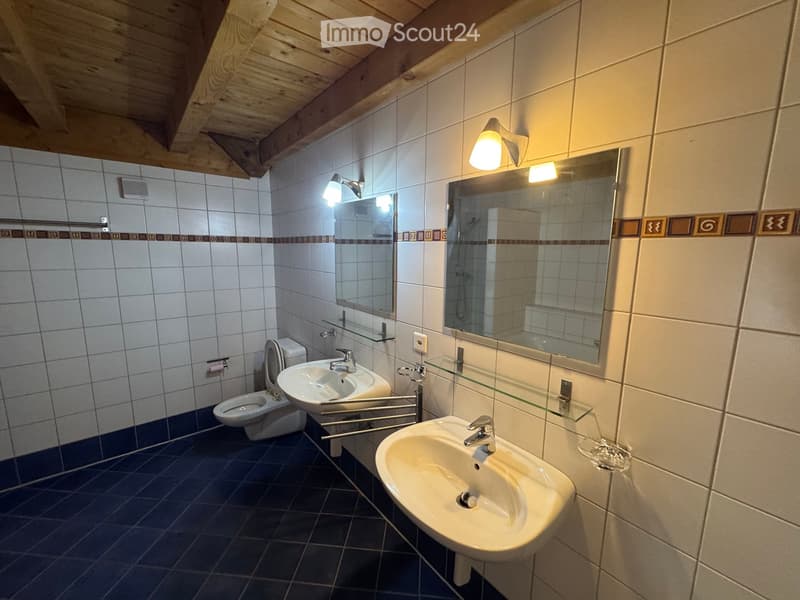 Bathroom with two sinks, a toilet, a large mirror, and modern lighting fixtures.