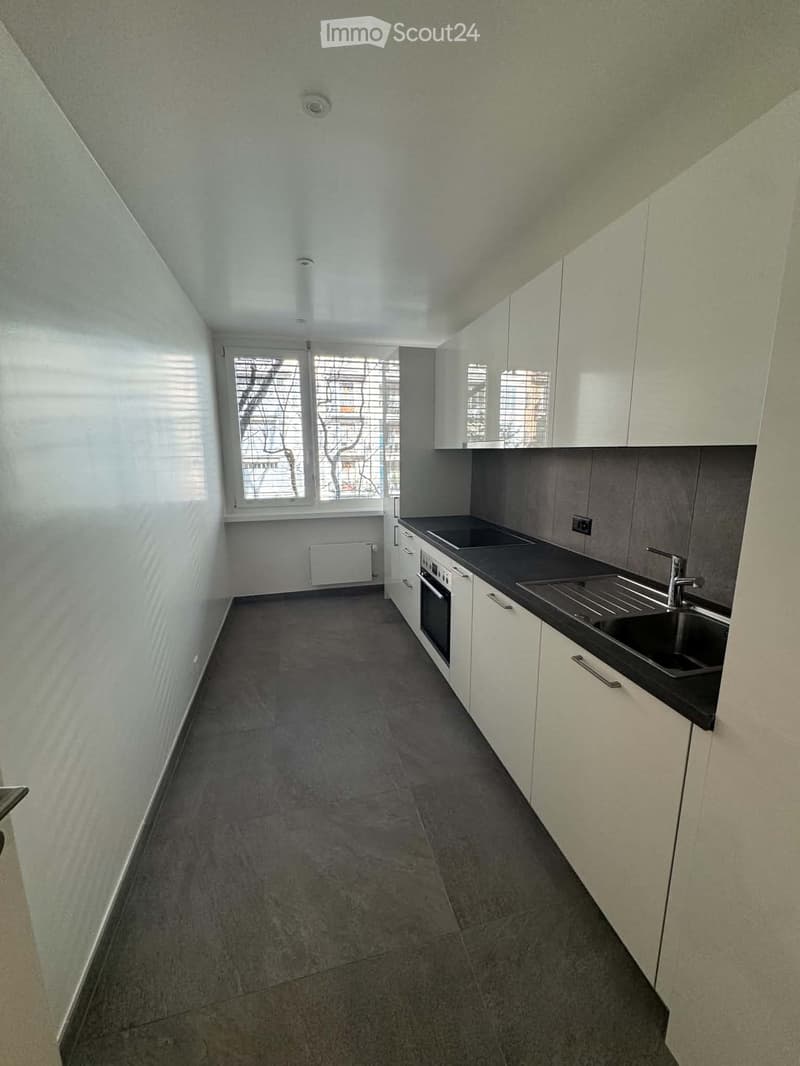 Modern kitchen with white cabinets, black countertops, a sink, and an oven. The space features a large window with blinds and a radiator below it.