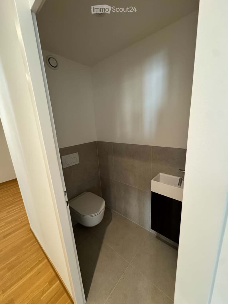 Modern, compact bathroom with a toilet, sink, and faucet. Grey tiled walls and light-colored tiled floor.