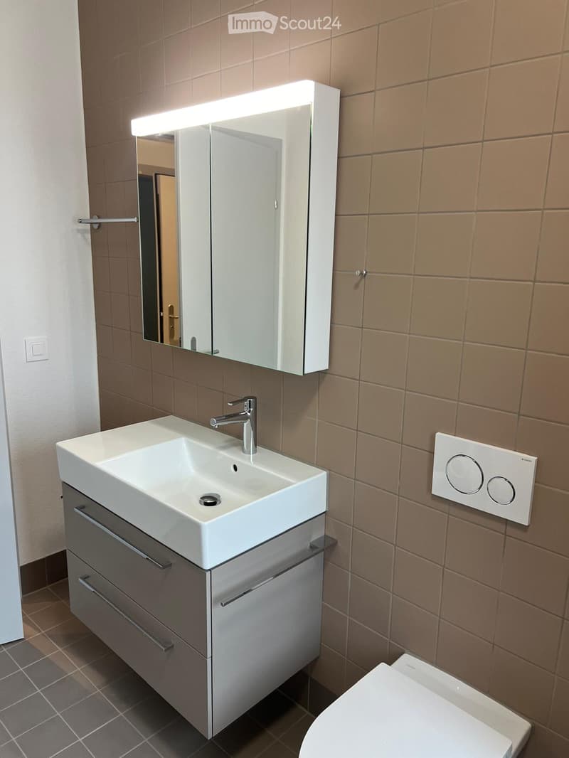 Modern bathroom with a white sink, chrome faucet, mirrored cabinet with built-in lighting, and a toilet. Beige tiled walls and grey tiled floor.