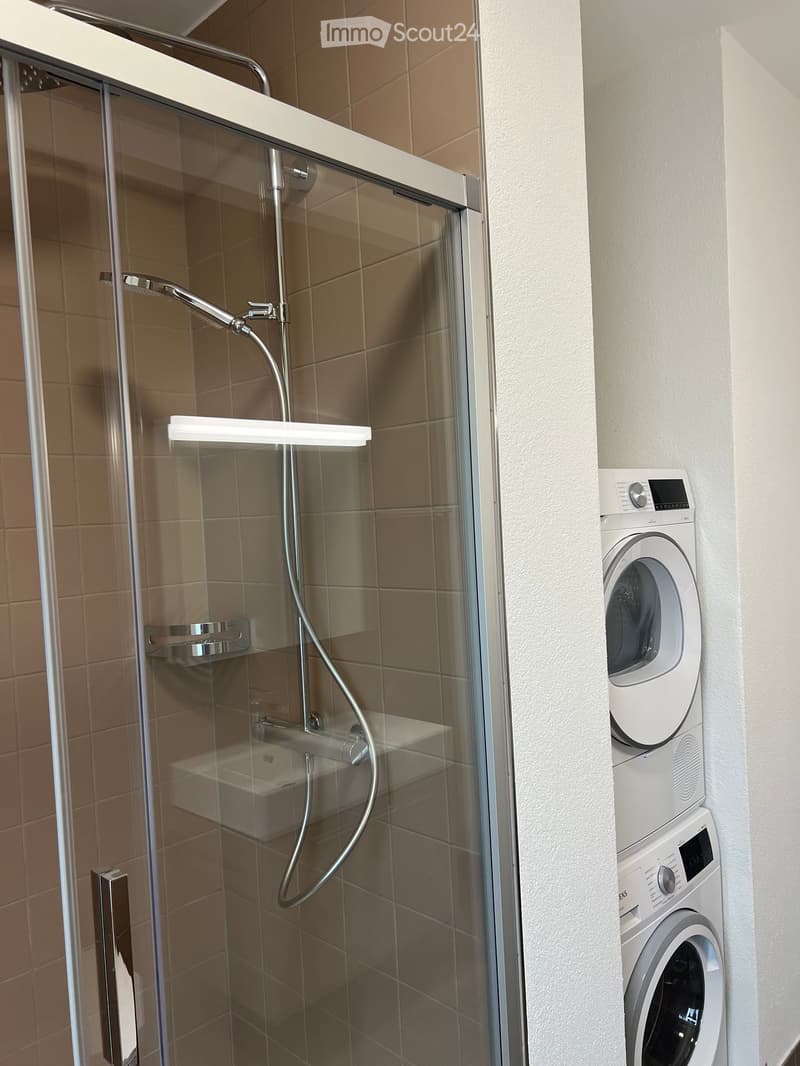 Modern bathroom with a glass-enclosed shower, built-in shower shelf, and stacked washer/dryer unit.