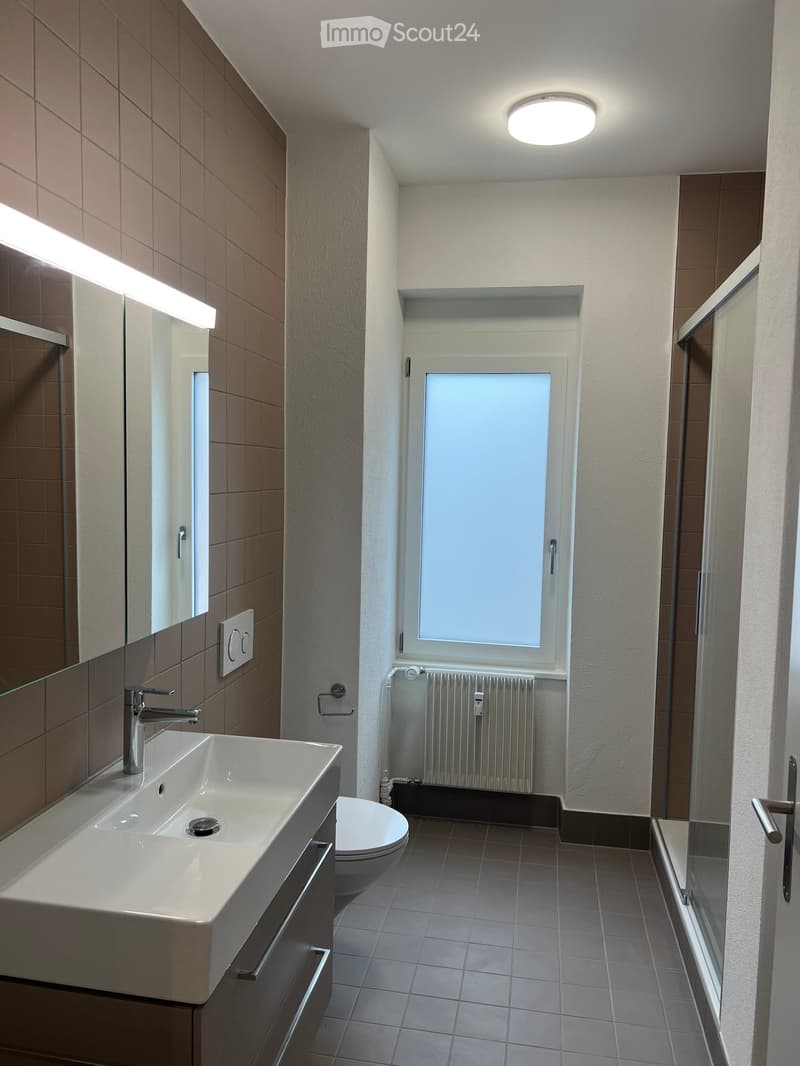 Modern bathroom with a white sink, chrome faucet, toilet, radiator, and a large mirror. The space features tiled walls and floor, with a window providing natural light.