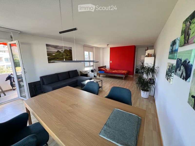 A modern, open-plan living and sleeping area with a grey sofa, wooden table, chairs, a small bed, and a potted plant. The room features a red accent wall, large windows, and artwork on the walls.