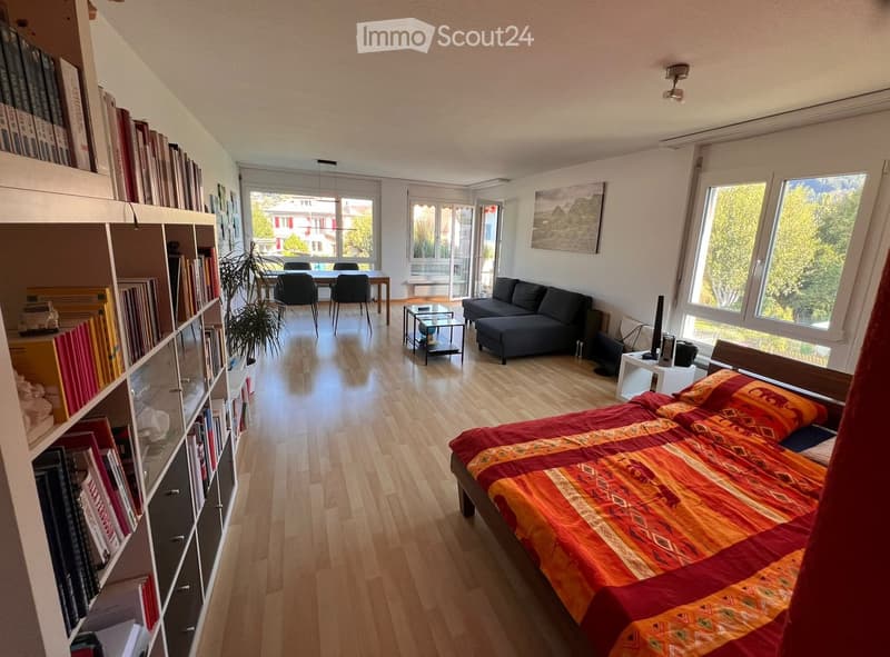 A well-lit, open-plan living and sleeping area with a bed, sofa, dining table, bookshelf, and large windows offering a view of the outdoors.