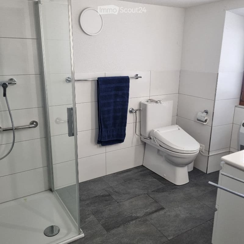 Modern bathroom with a toilet, glass-enclosed shower, towel on a rack, and a round mirror on the wall.