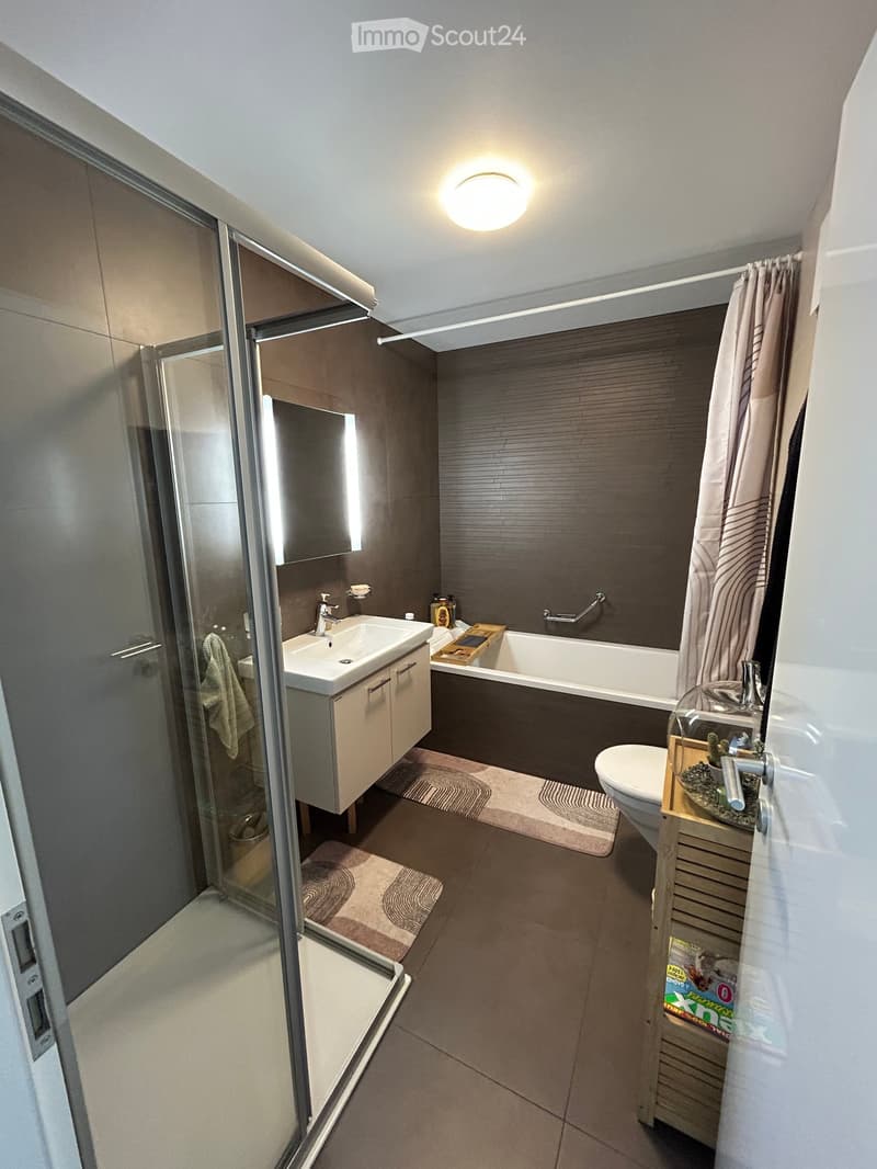 Modern bathroom with a bathtub, sink, toilet, and shower area. Features include a large mirror, wooden cabinet, and decorative bathmats.