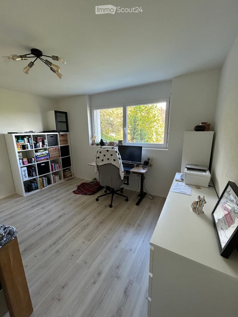 A well-lit, modern home office with light wooden flooring, a large window, a desk with a computer, a bookshelf, and a printer on a side table.