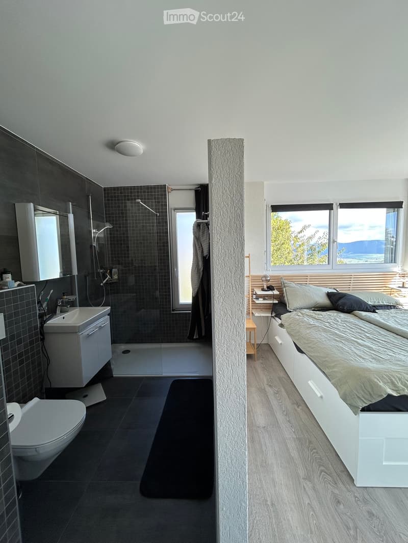 Modern bedroom with a large bed, nightstand, and a separate bathroom area featuring a shower, sink, and toilet. The room has large windows with a scenic view.