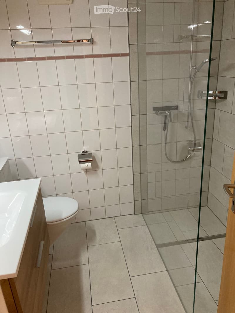 Modern bathroom with white tiles, a glass-enclosed shower, a toilet, and a sink.