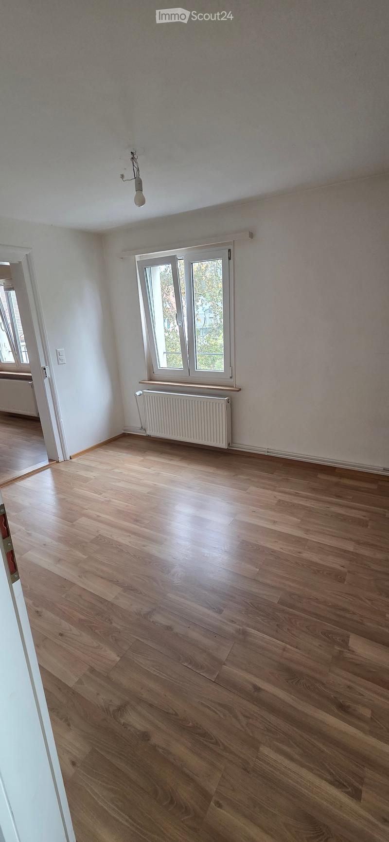 Empty room with wooden flooring, white walls, a window with white frame, radiator, and a light fixture on the ceiling.