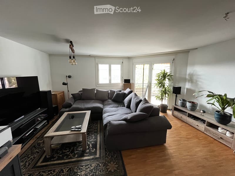 Modern living room with a grey sectional sofa, glass coffee table, flat-screen TV, floor lamp, side table, and potted plants. The room features wooden flooring and large windows with a view.