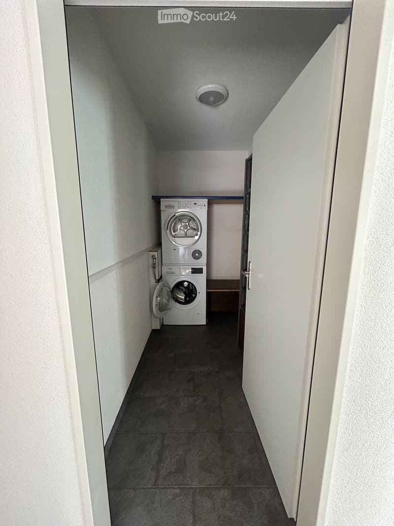 Narrow hallway with a washing machine placed against the wall, white walls, dark tiled floor, and a ceiling light fixture.