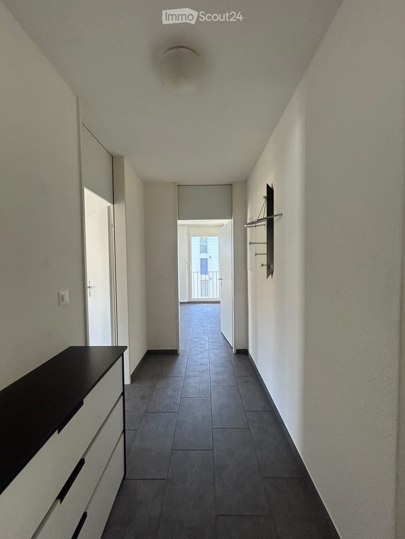 A narrow hallway with grey tiled flooring, white walls, and a black shelf on the left side. A door leads to a balcony area with a view of the outside.