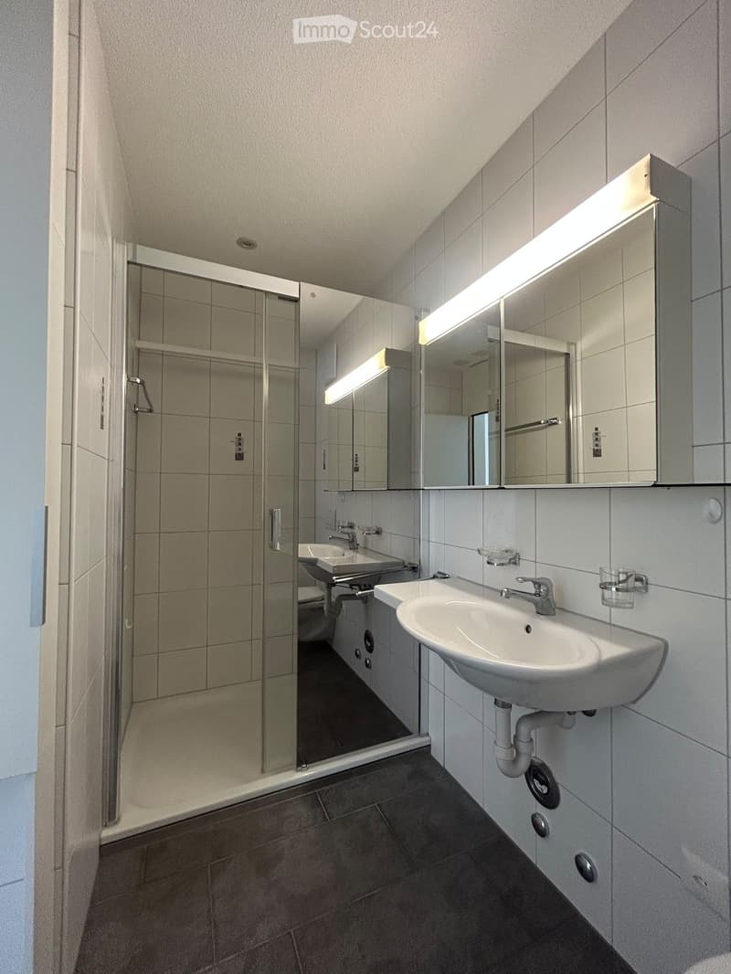 Modern bathroom with two sinks, a large mirror with built-in lighting, a glass-enclosed shower, and tiled walls and floor.