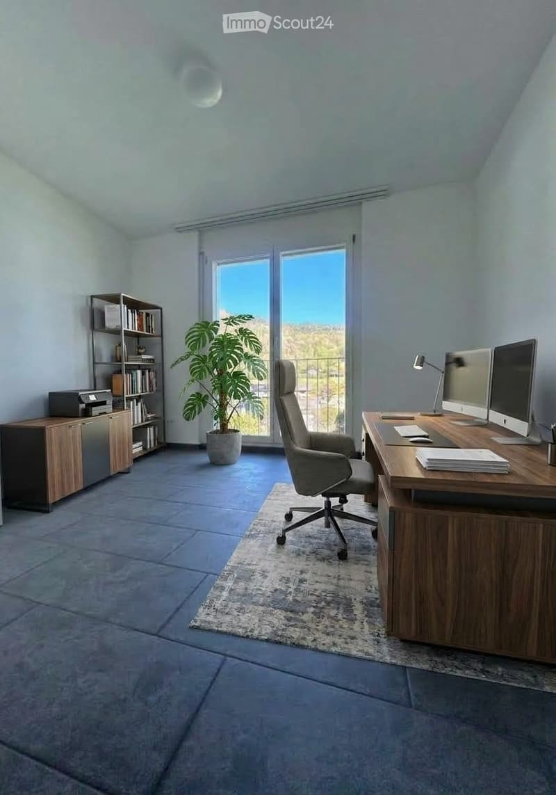 Modern office space with a large window offering a scenic view, featuring a wooden desk, ergonomic chair, dual monitors, keyboard, mouse, floor lamp, potted plant, bookshelf, and cabinet.