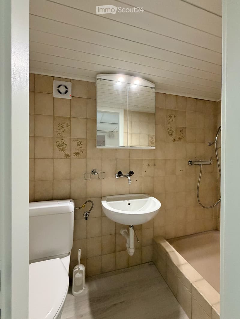 A compact bathroom with beige tiles, a toilet, a sink with a mirror, a showerhead, and a small bath area.
