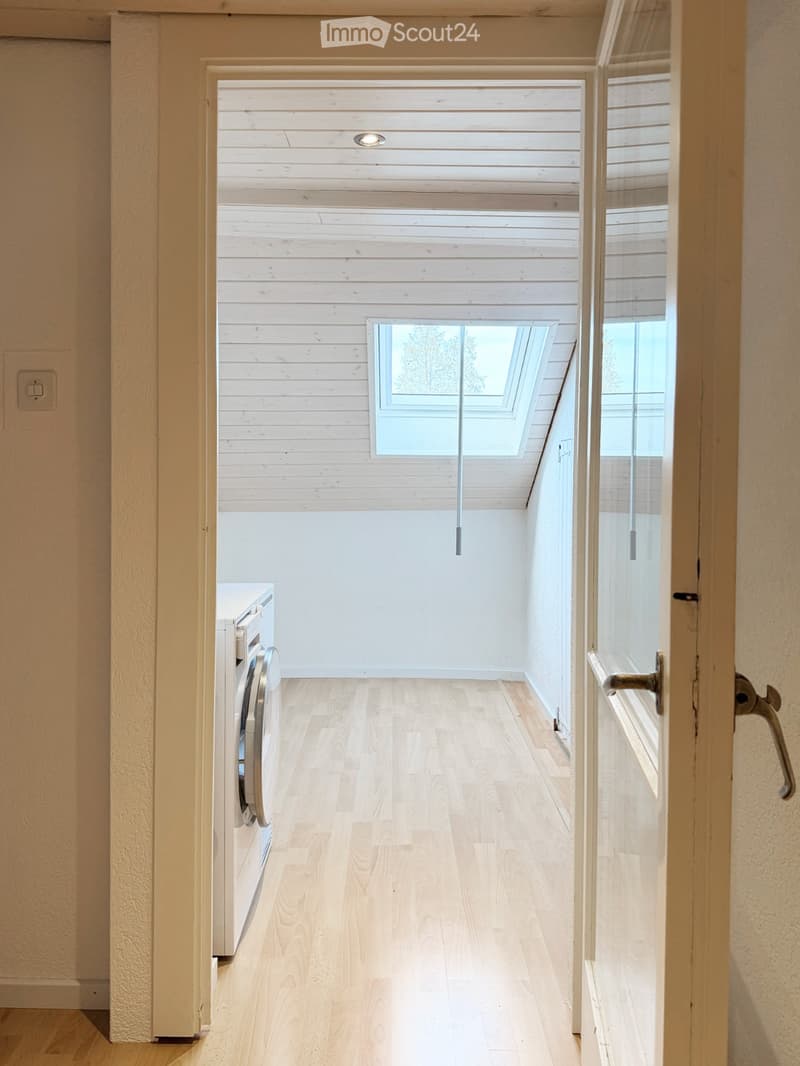 Bright hallway with wooden flooring, white walls, and a skylight window at the far end. A washing machine is visible on the left side.