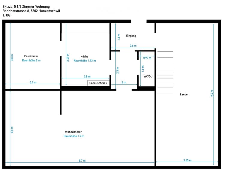 Floor plan of a 5.5-room apartment on the first floor, including a living room, dining room, kitchen, built-in closet, and bathroom.