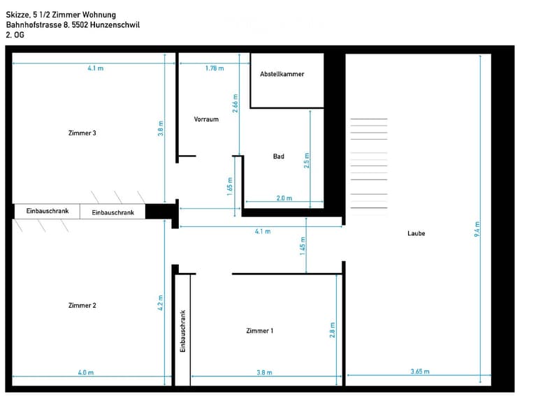 Floor plan of a 5 1/2 room apartment on the 2nd floor, including three bedrooms, a bathroom, a hallway, a storage room, and a balcony.