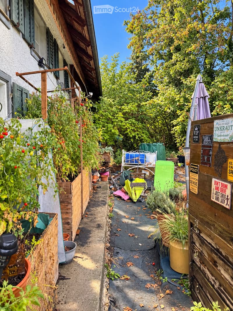 A narrow garden pathway lined with potted plants and wooden planters, featuring a wooden fence, outdoor furniture, and signs on the right side.