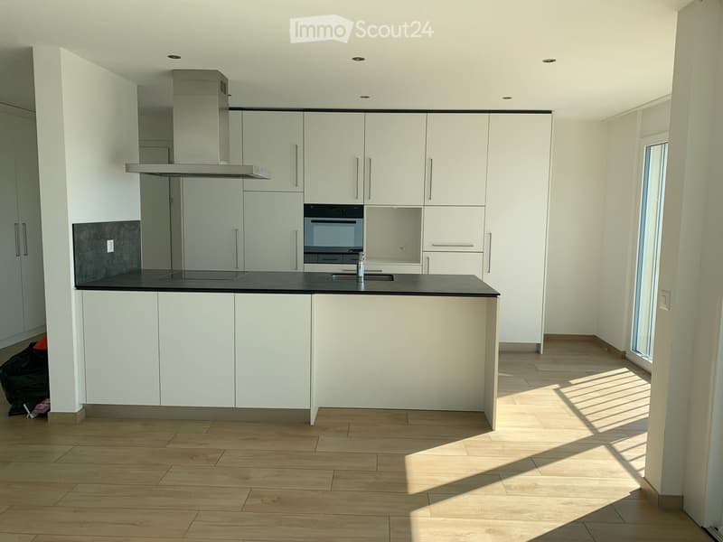 Modern kitchen with white cabinets, stainless steel range hood, and black countertop. Wooden flooring and large window letting in natural light.