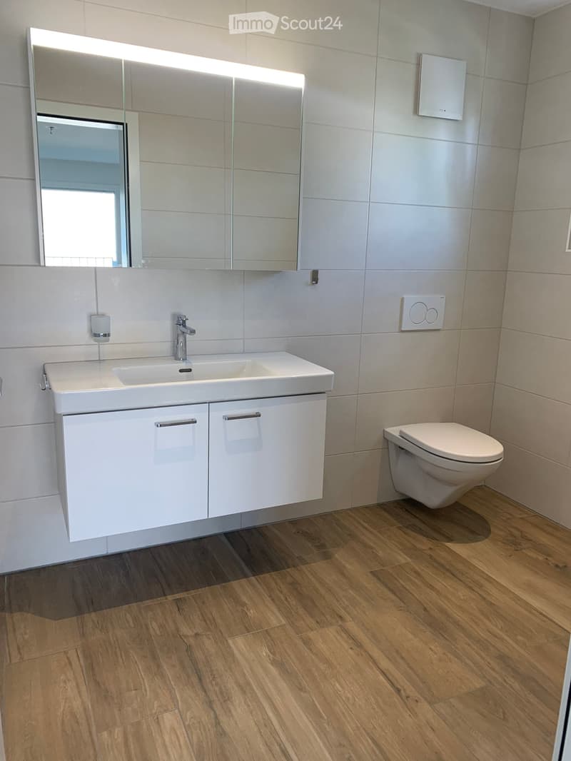 Modern bathroom with a white sink, cabinet, mirror, and toilet, featuring wooden flooring and tiled walls.