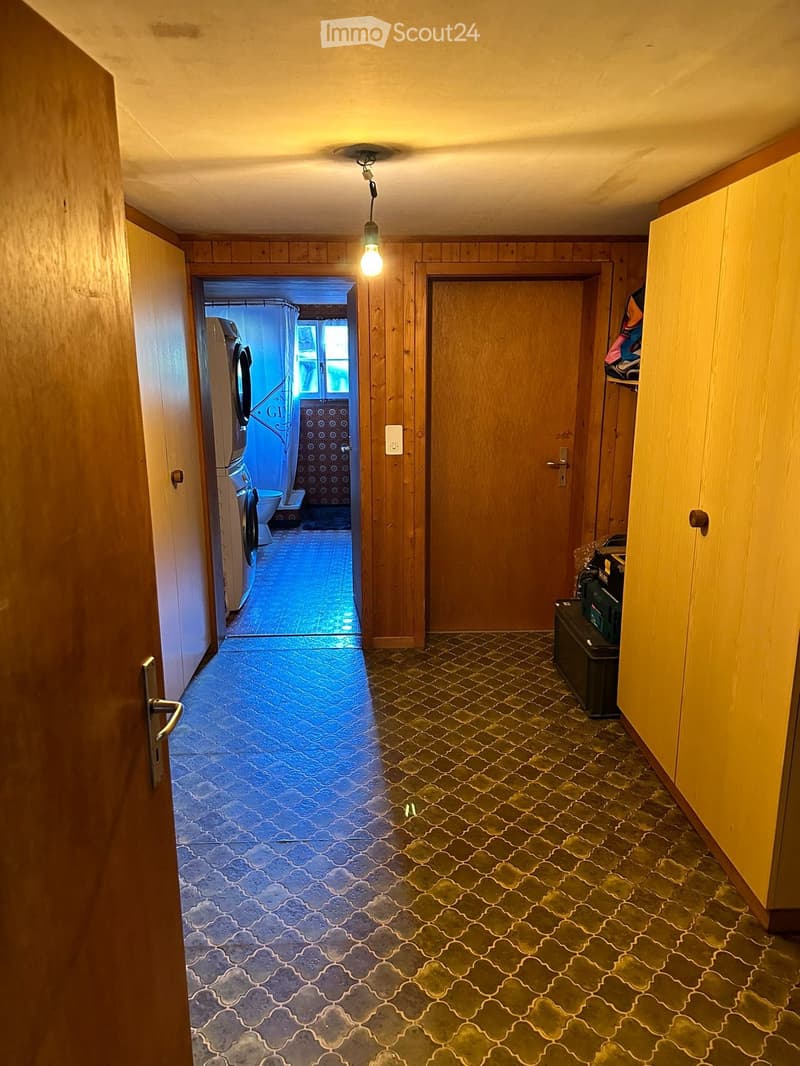 A narrow hallway with wooden walls and patterned tile flooring, leading to a bathroom with a washing machine and toilet visible in the background.