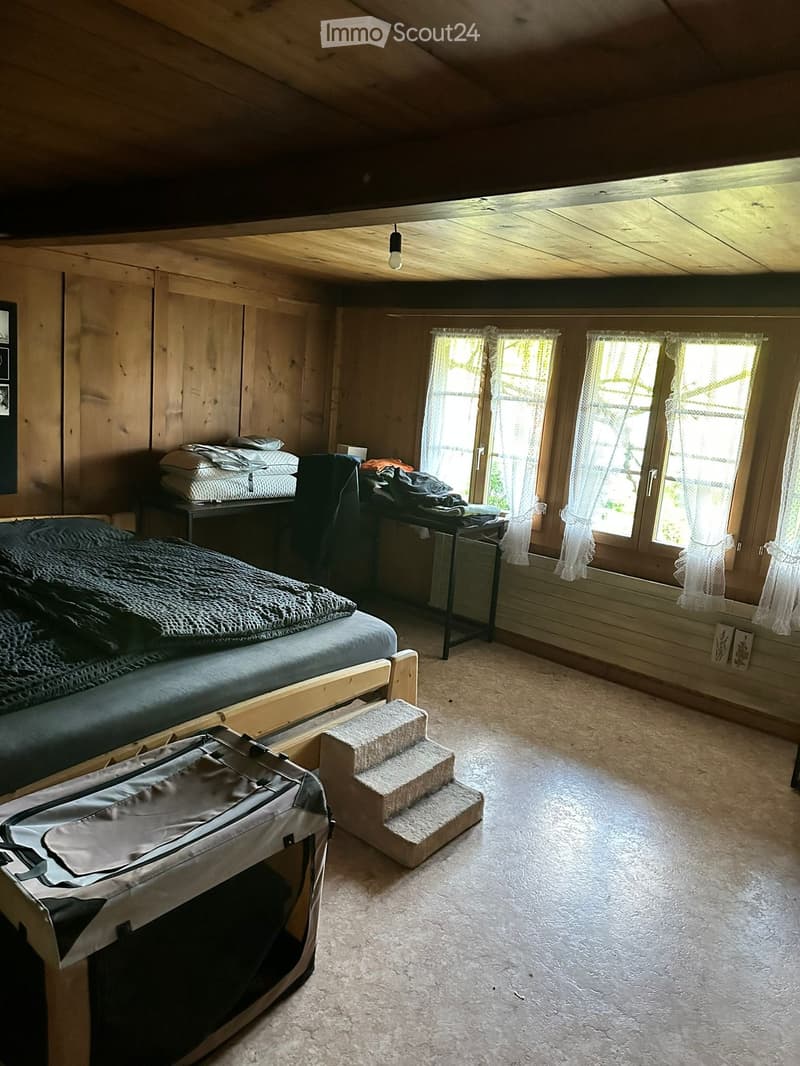 Cozy bedroom with wooden walls and ceiling, featuring a bed with bedding, a small table with folded blankets, a cat carrier, and a set of cat stairs leading to the bed.