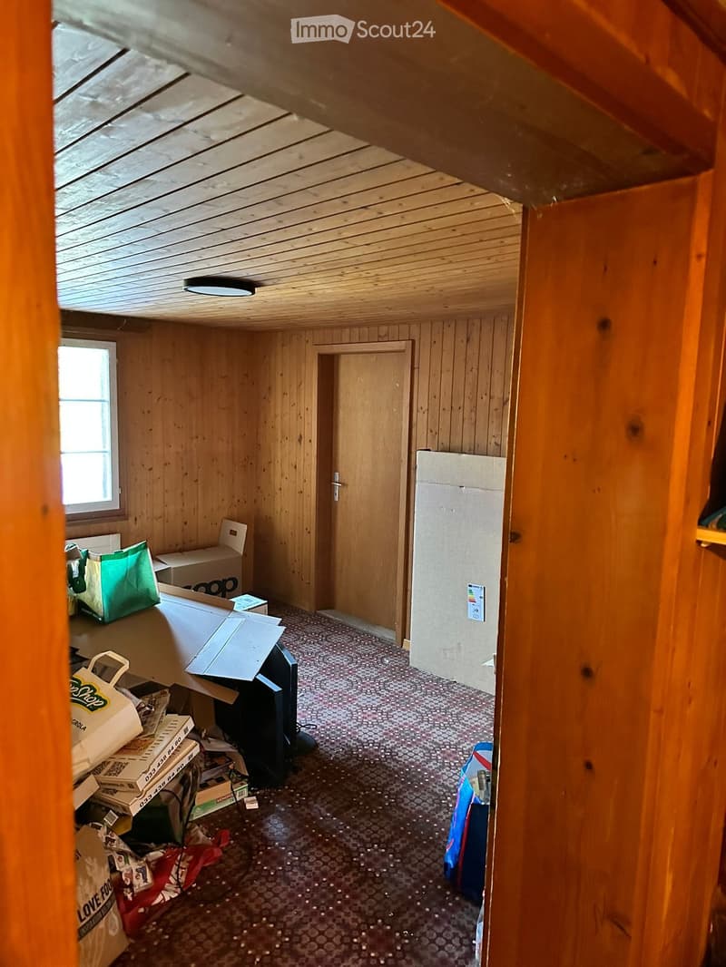 The room has wooden walls and ceiling, a window, a door, and a patterned floor. There is a screen, some boxes, and a handbag visible.
