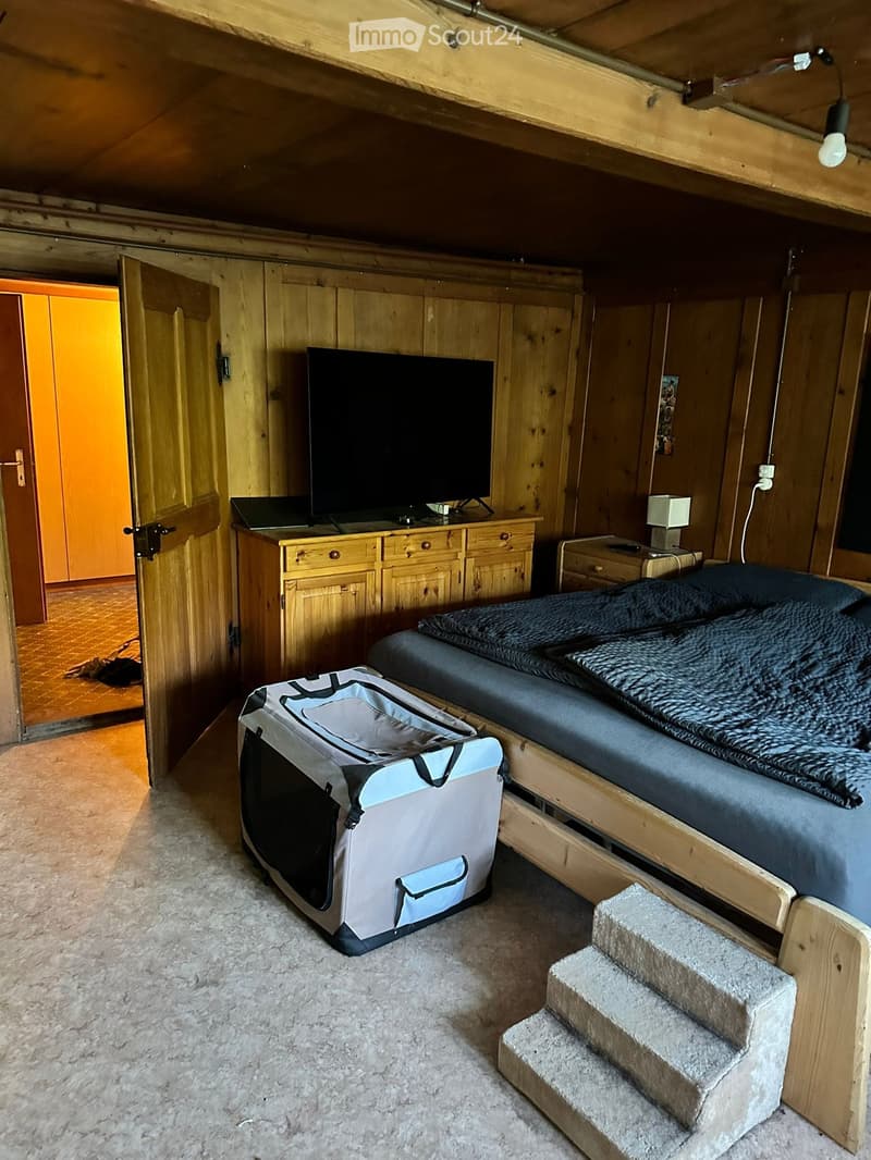 Cozy attic bedroom with wooden walls and slanted ceilings, featuring a raised platform bed, TV on a wooden stand, nightstand with lamp, and a pet carrier on the floor.