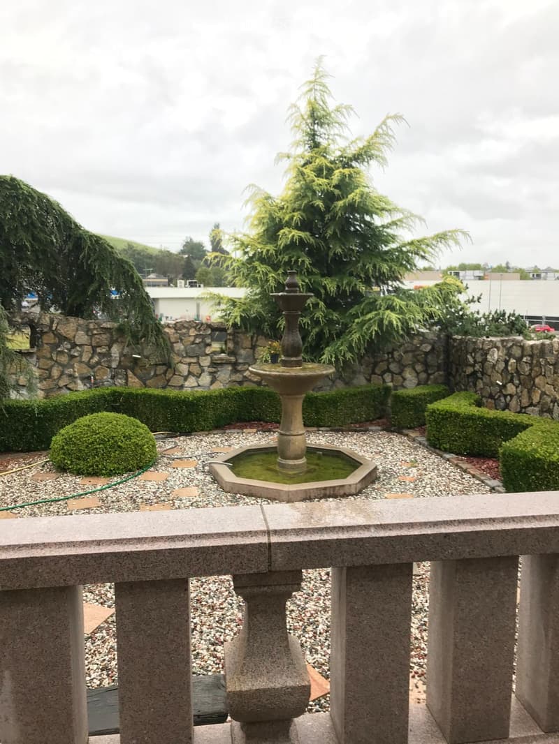 A beautiful garden with manicured shrubs, stones, a fountain, and trees