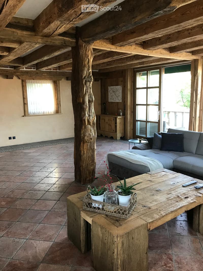 wooden ceiling, large sofa, wooden table, glass doors, potted plants, tiled floor