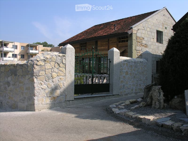 stone wall, green gate, brick roof, red roof