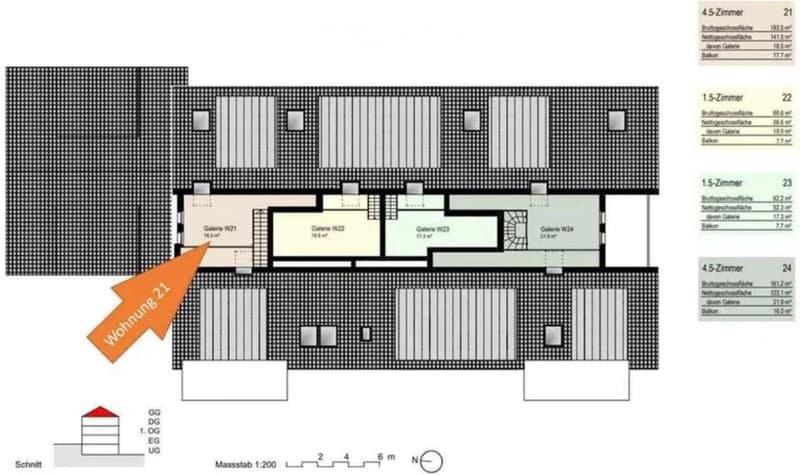 Floor plan showing multiple apartments with labeled rooms and areas, including living spaces, bedrooms, and balconies.
