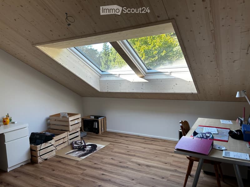 Bright attic room with wooden floors and slanted wooden ceilings, featuring skylights, a desk with office supplies, a printer, and storage crates.